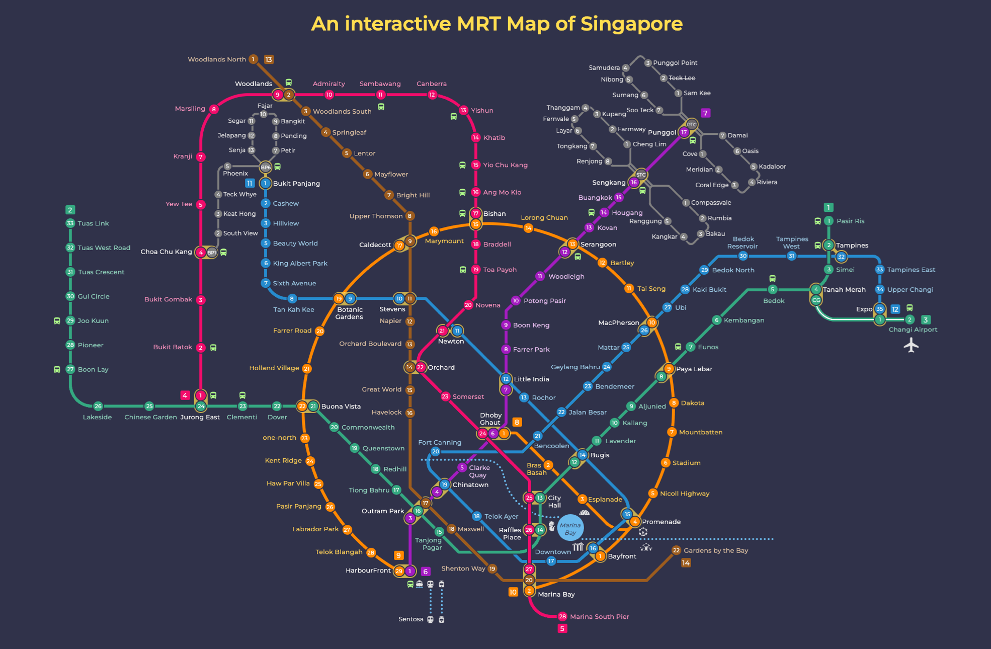 Map with overview of all MRT lines and stations in Singapore
