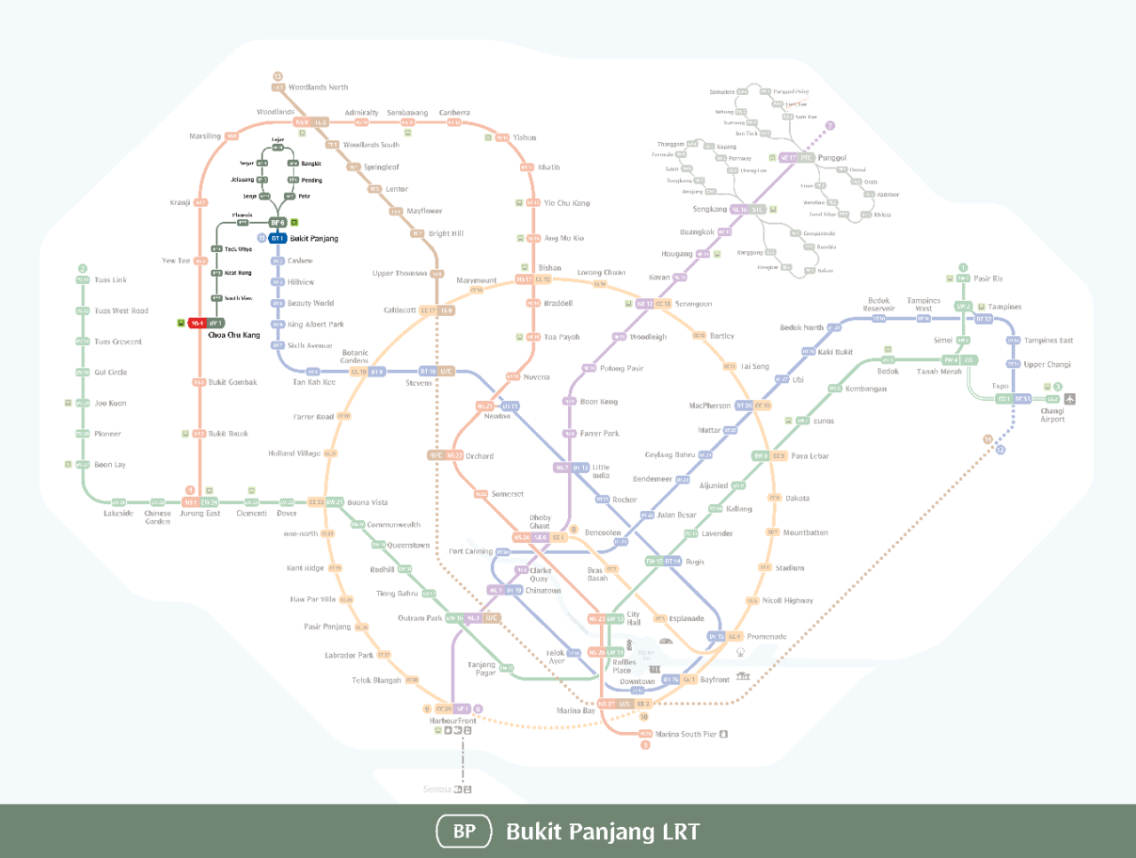 Bukit Panjang LRT highlighted on MRT Map